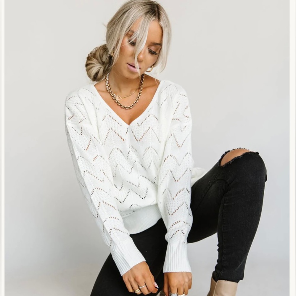 Cream Open-Knit V-Neck Sweater 1X